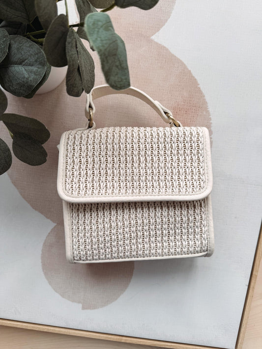 Woven handbag on a light surface with a plant in the background