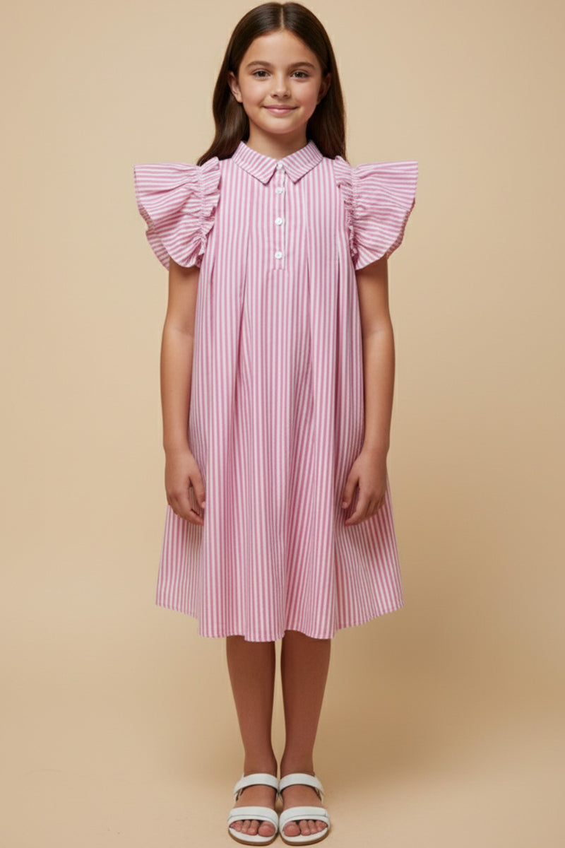 Young girl wearing a pink and white striped dress with ruffled sleeves on a beige background