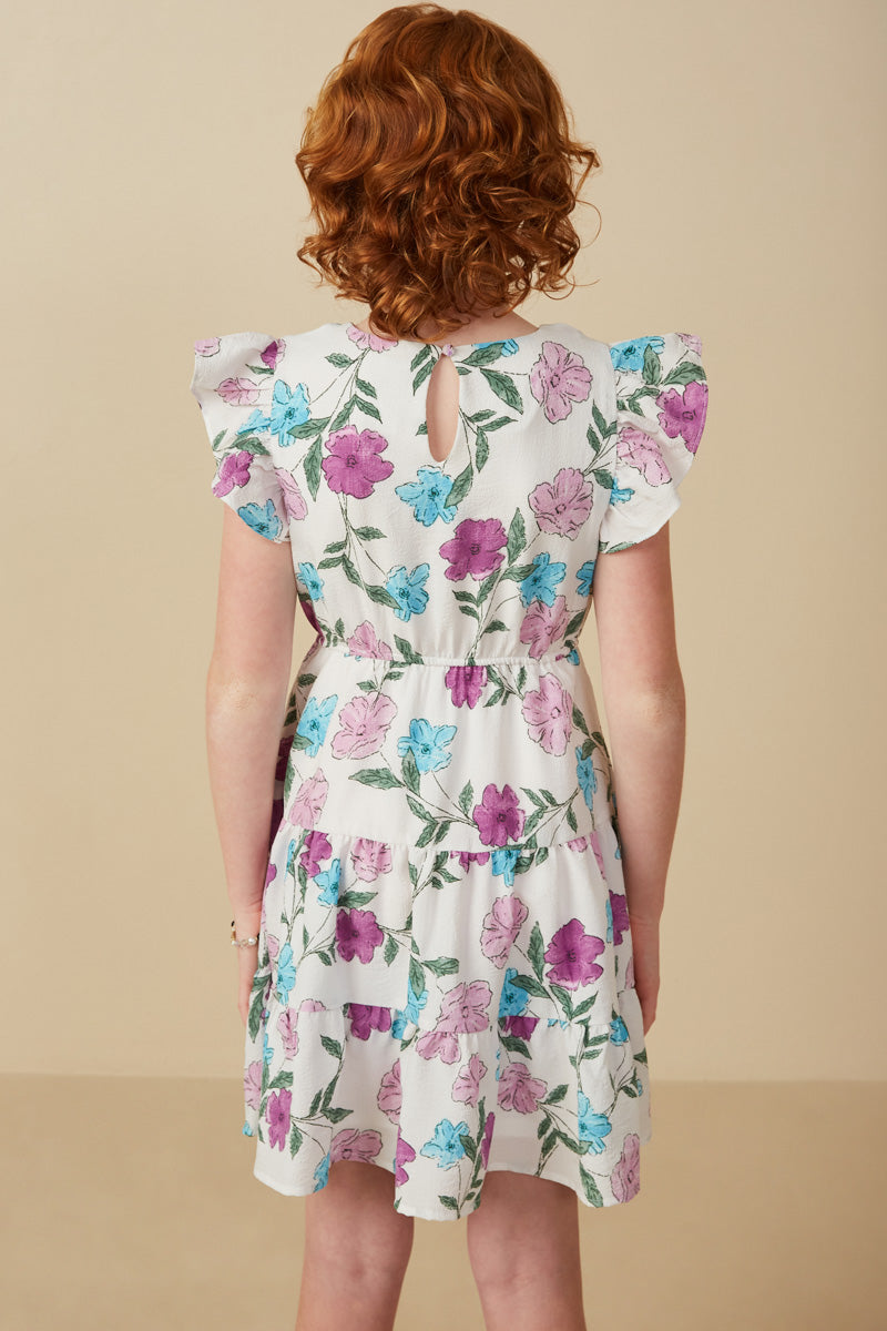 Woman wearing a floral dress with a beige background
