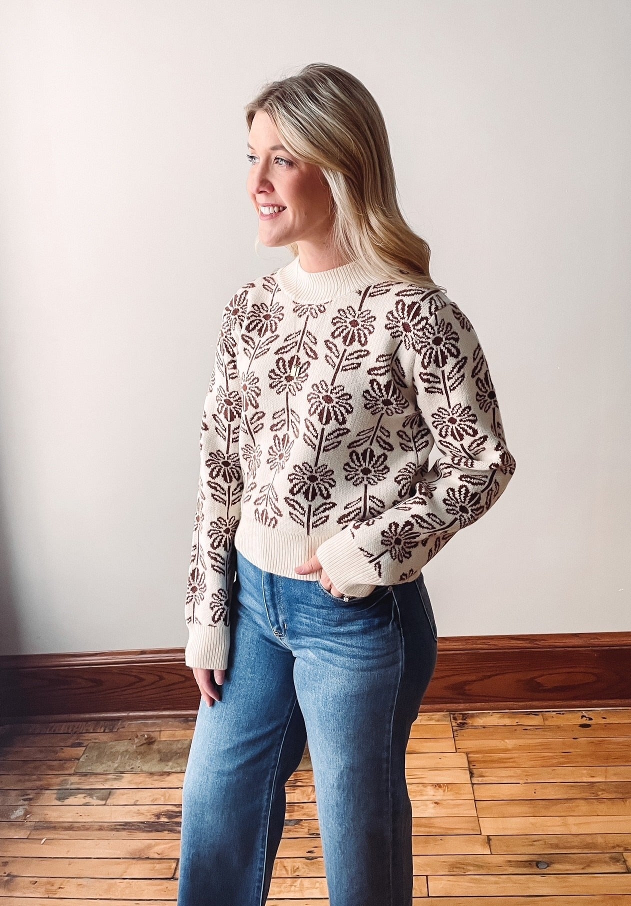 Chocolate Flower Mock Neck Sweater