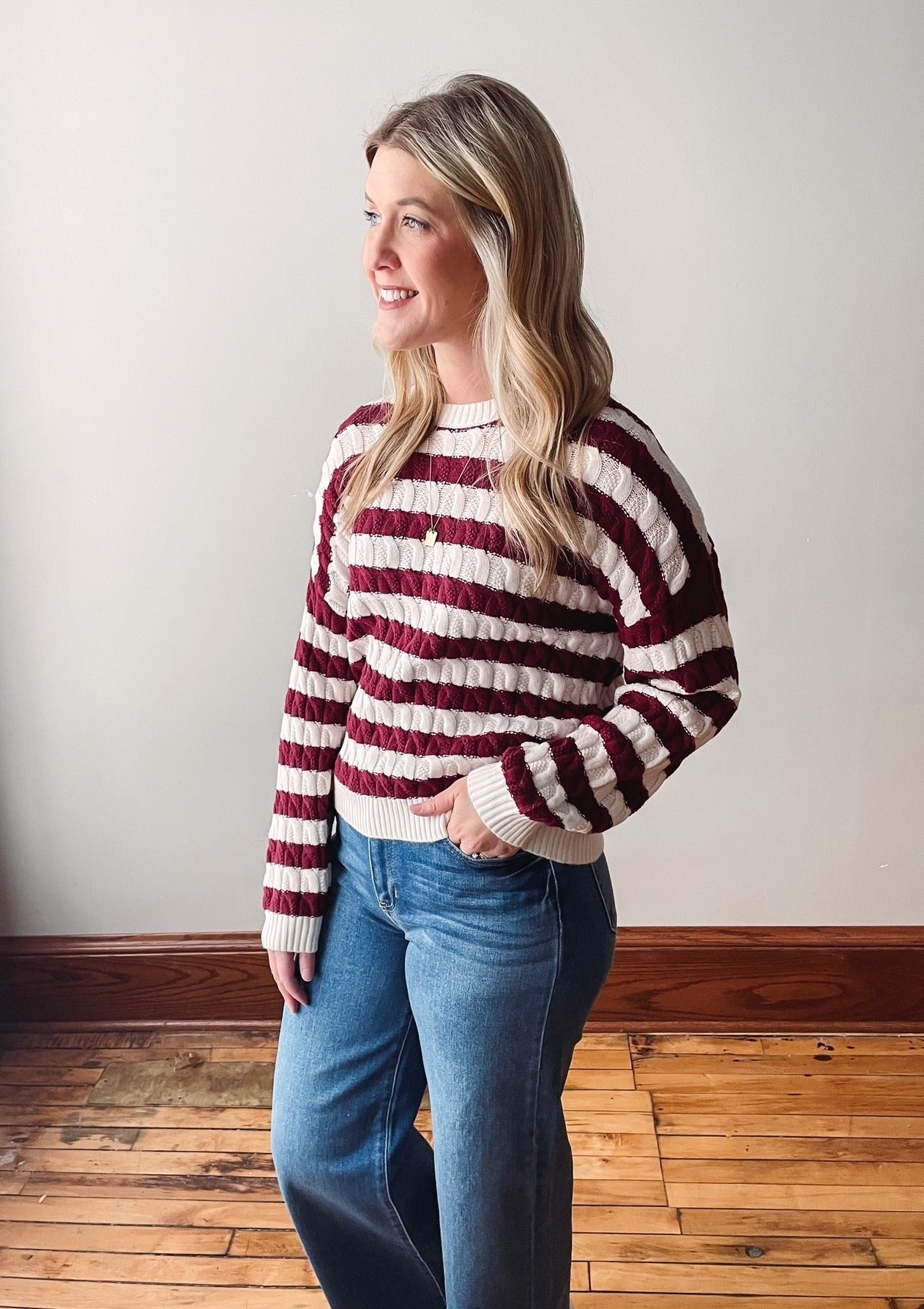 Maroon Striped Cable Knit Sweater