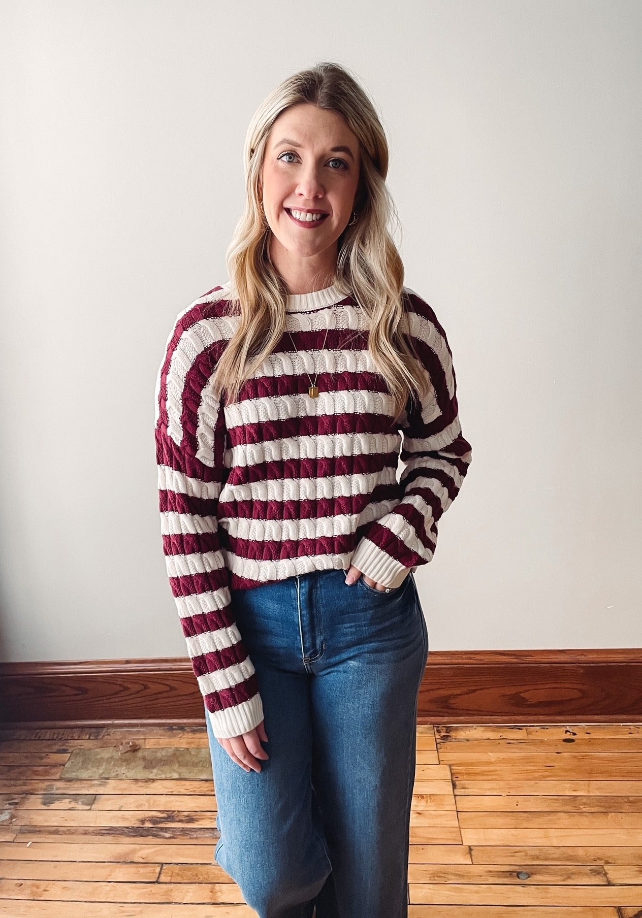 Maroon Striped Cable Knit Sweater