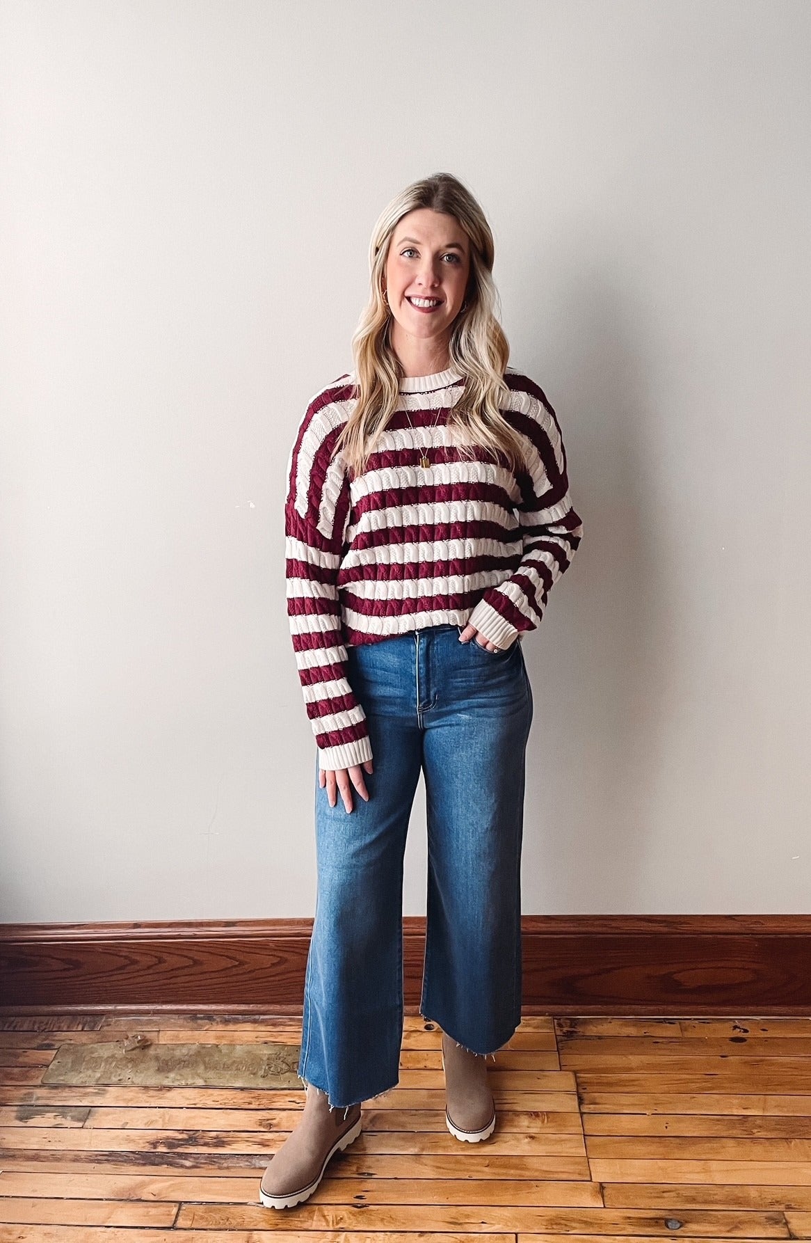 Maroon Striped Cable Knit Sweater