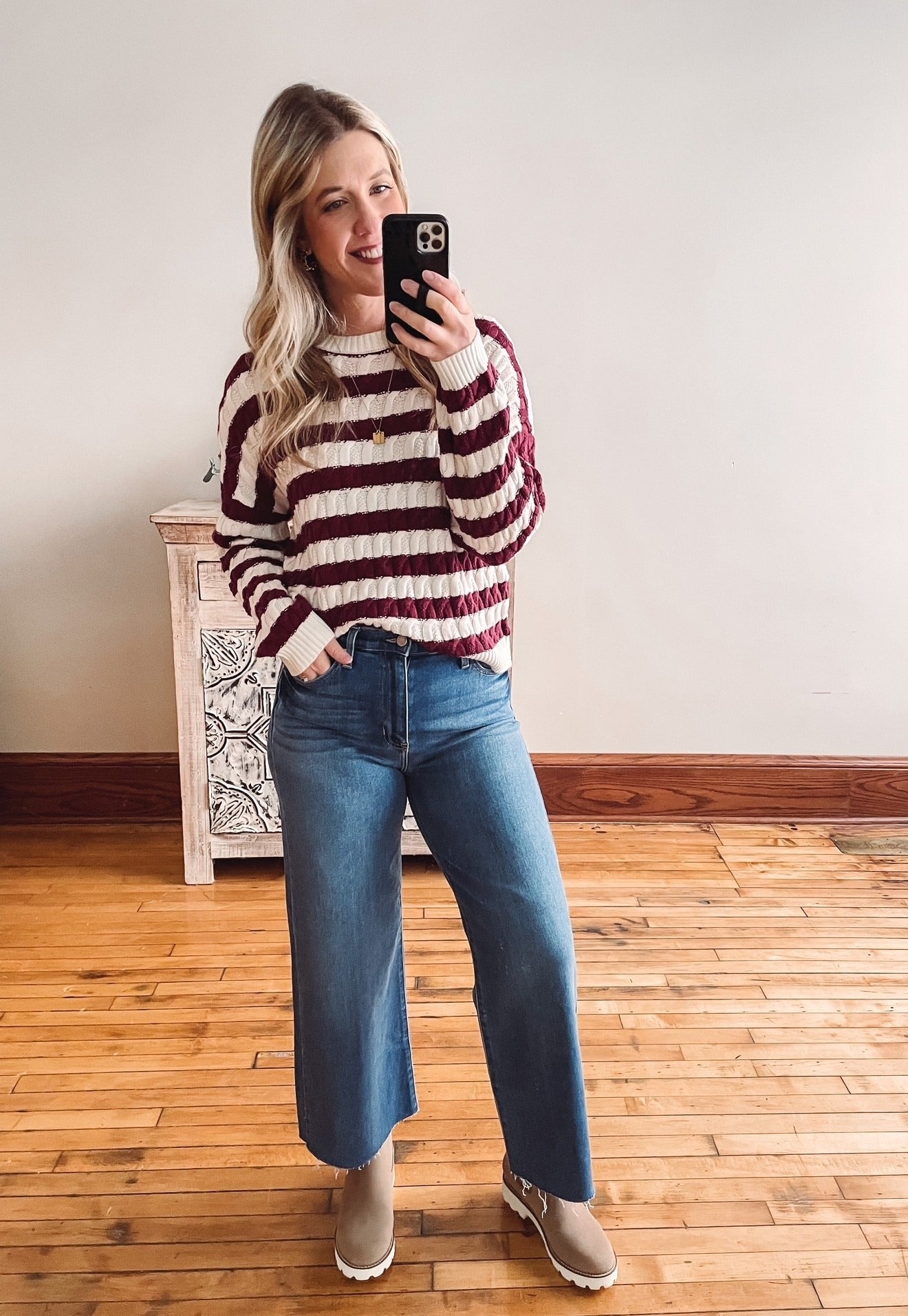 Maroon Striped Cable Knit Sweater