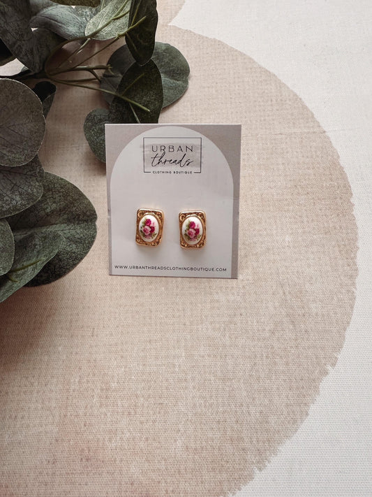 Gold Vintage Porcelain Flower Earrings