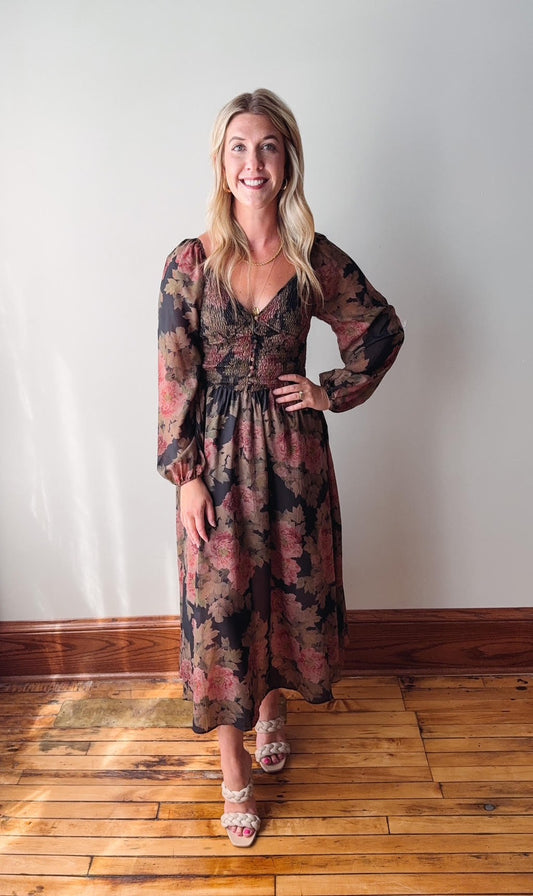 Gracie Black Floral Midi Dress
