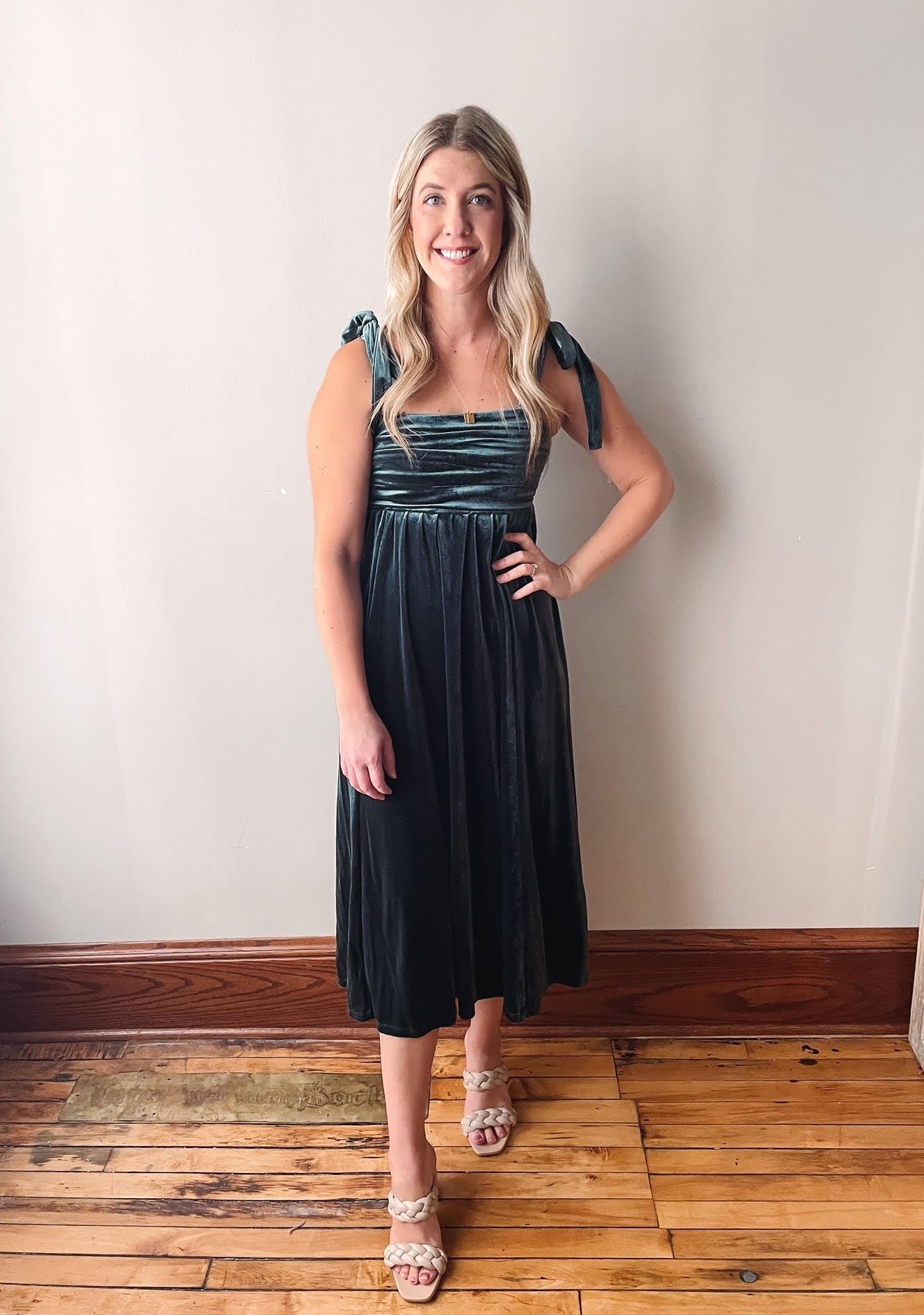 Green Velvet Shirred Midi Dress