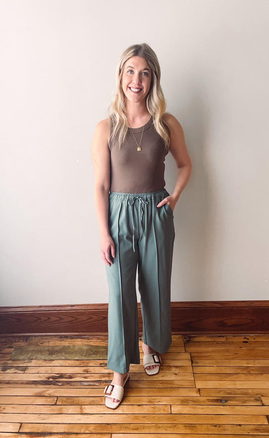 Green Drawstring Wide Leg Pants