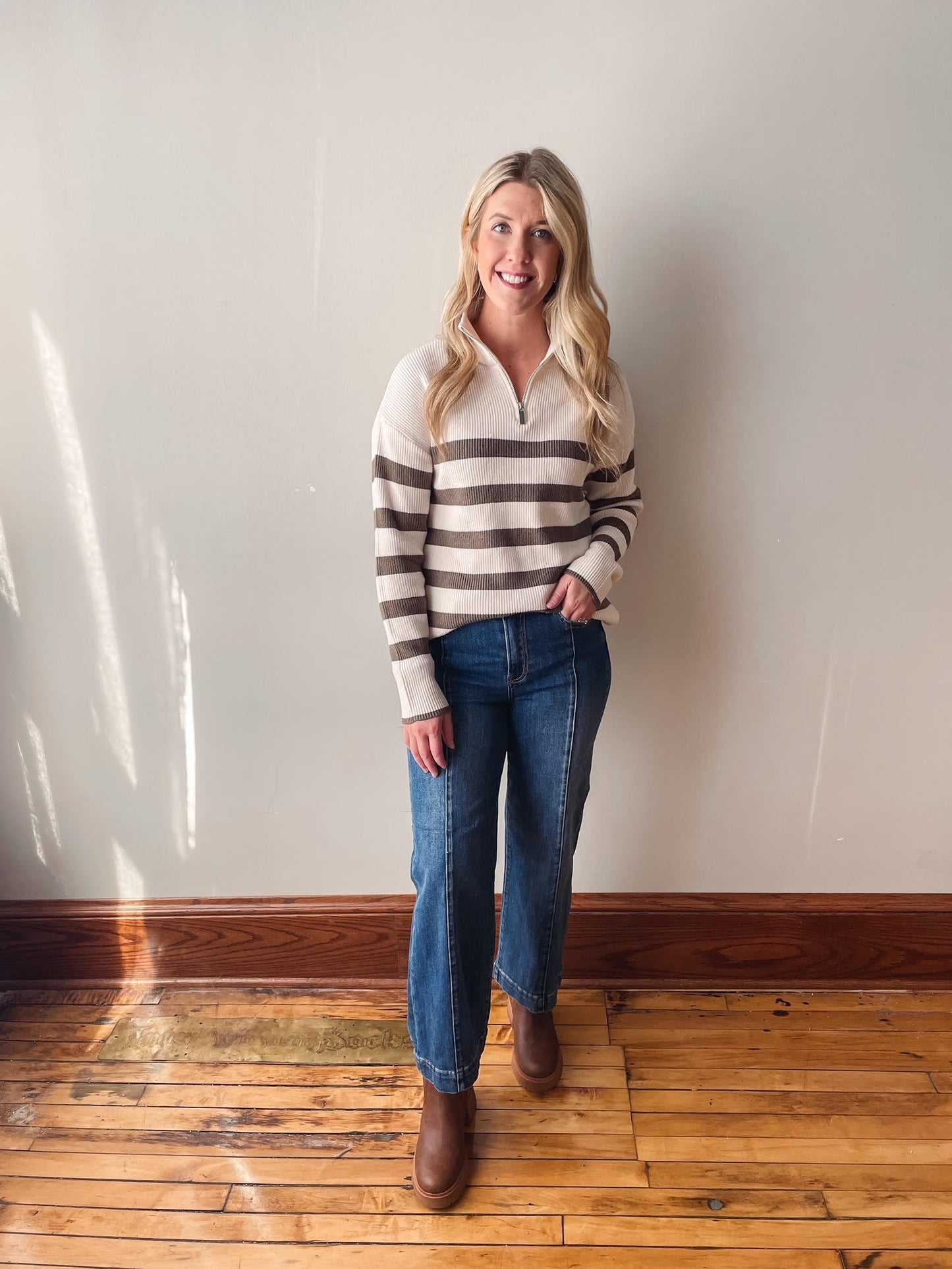 Half Zip Olive Striped Sweater