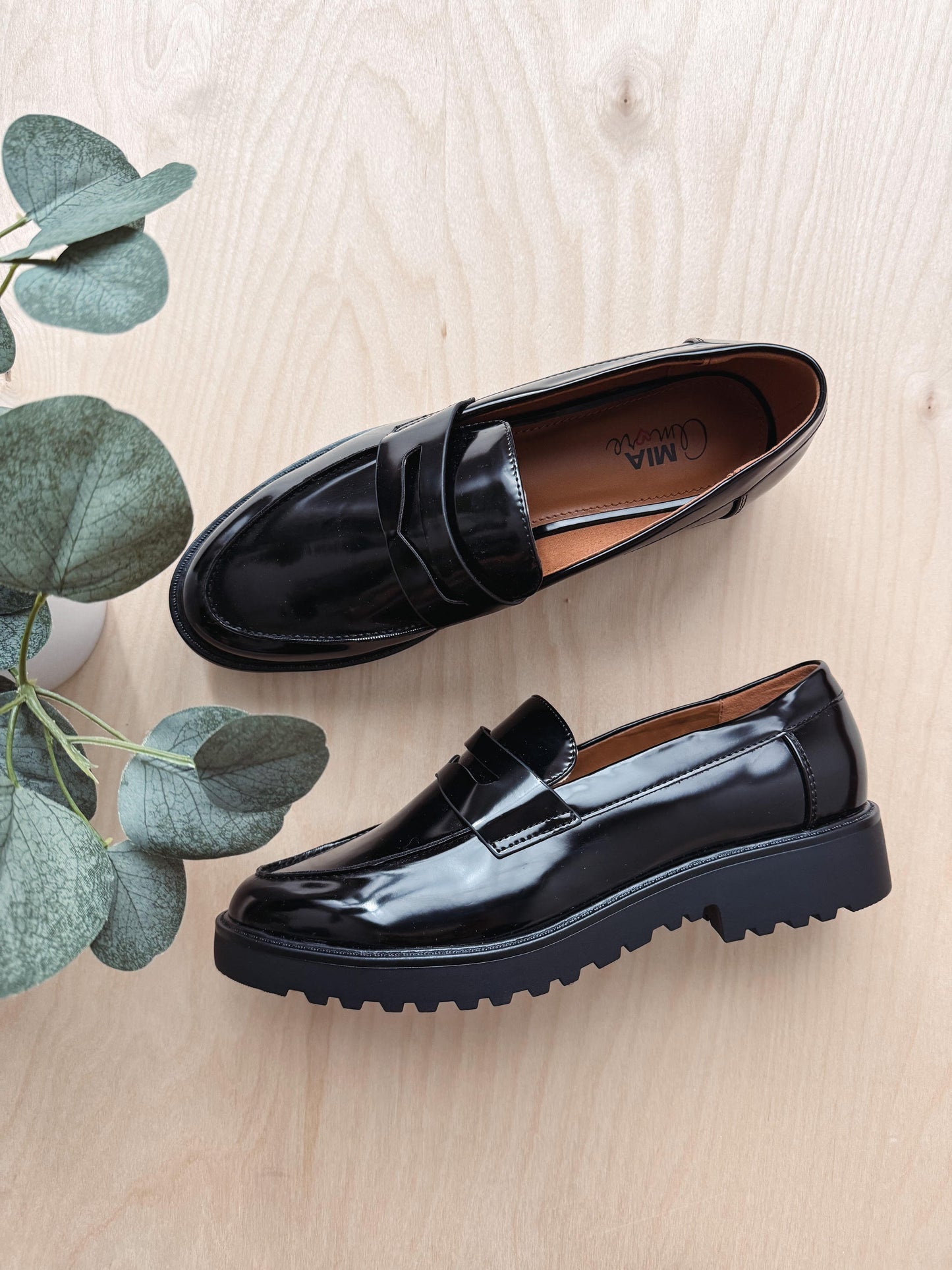 Black loafers on a light wooden surface with green leaves.