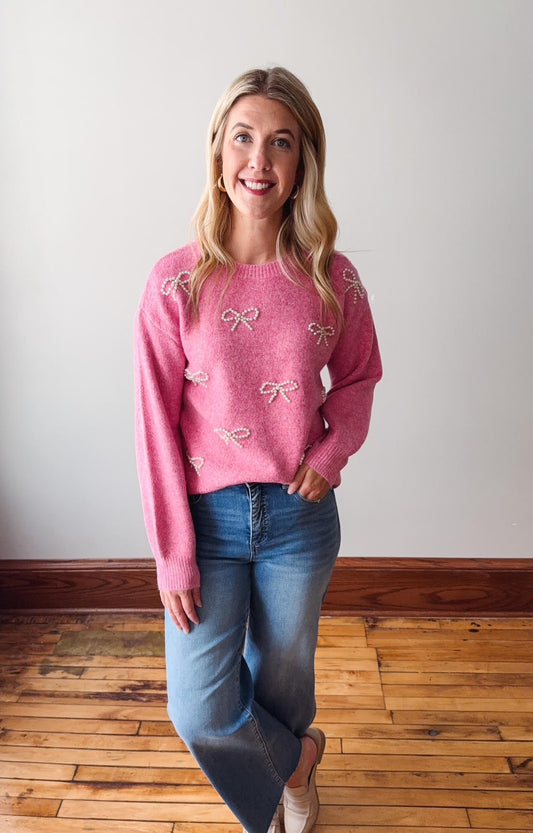 Hot Pink Pearl Bow Sweater