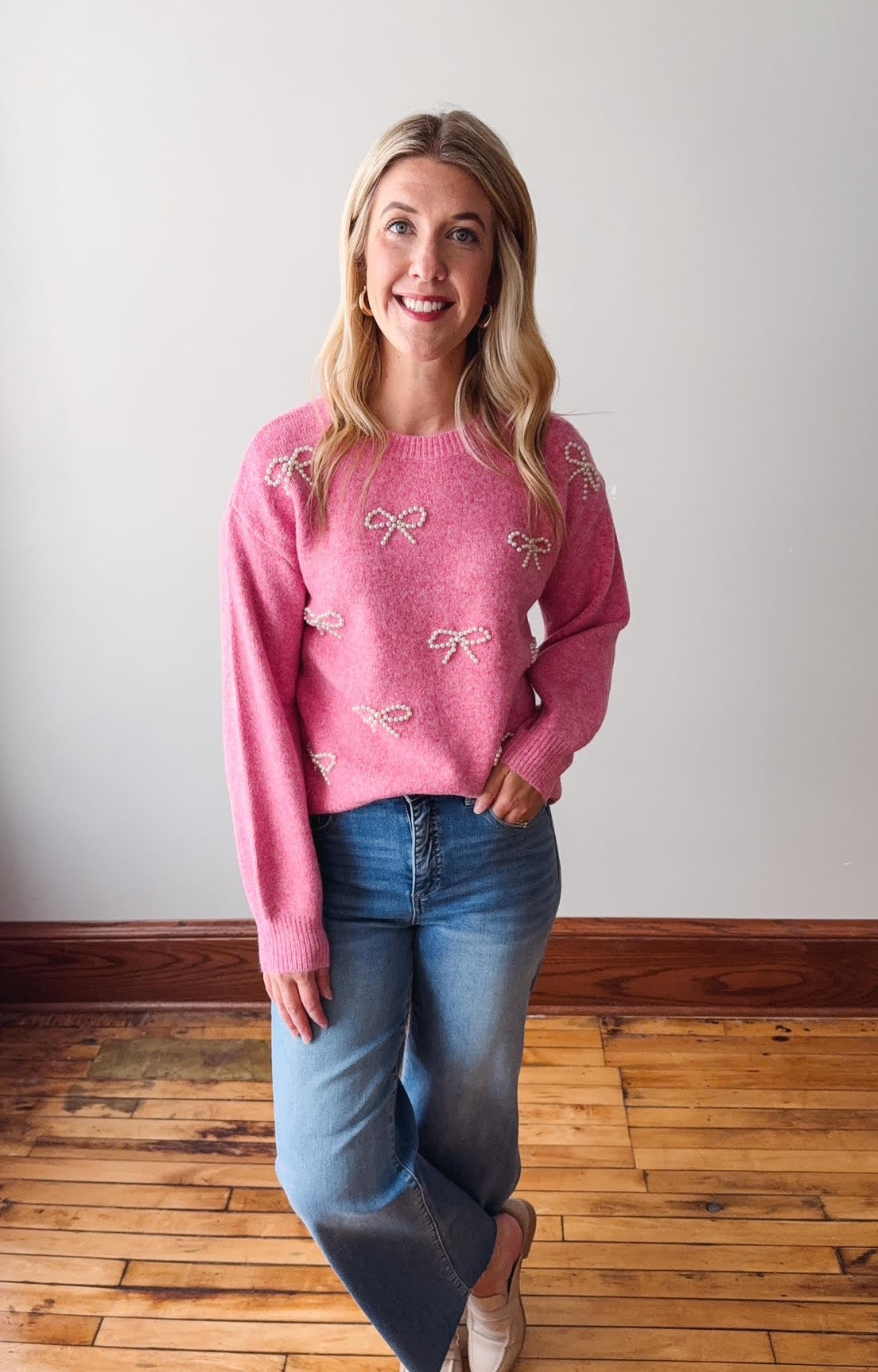 Hot Pink Pearl Bow Sweater