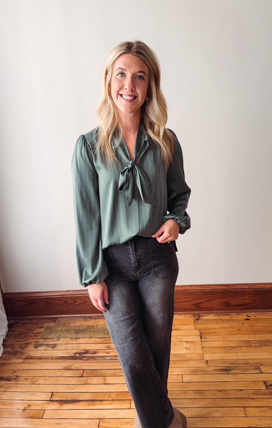 Hunter Green Ribbon Tie Stripe Shirt