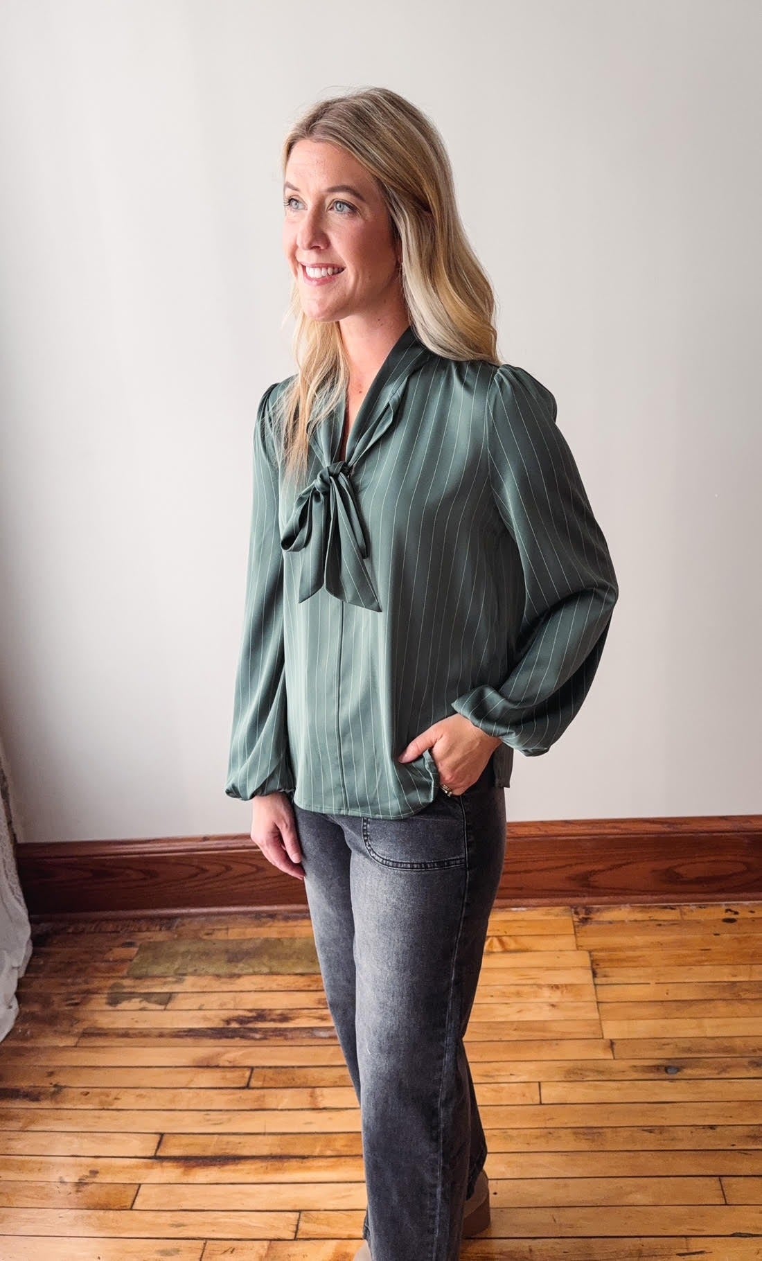 Hunter Green Ribbon Tie Stripe Shirt