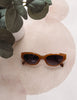 Brown sunglasses on a beige hat with green leaves in the background