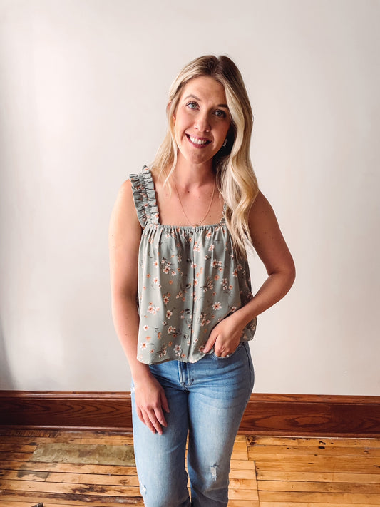 Sage Floral Button Tank