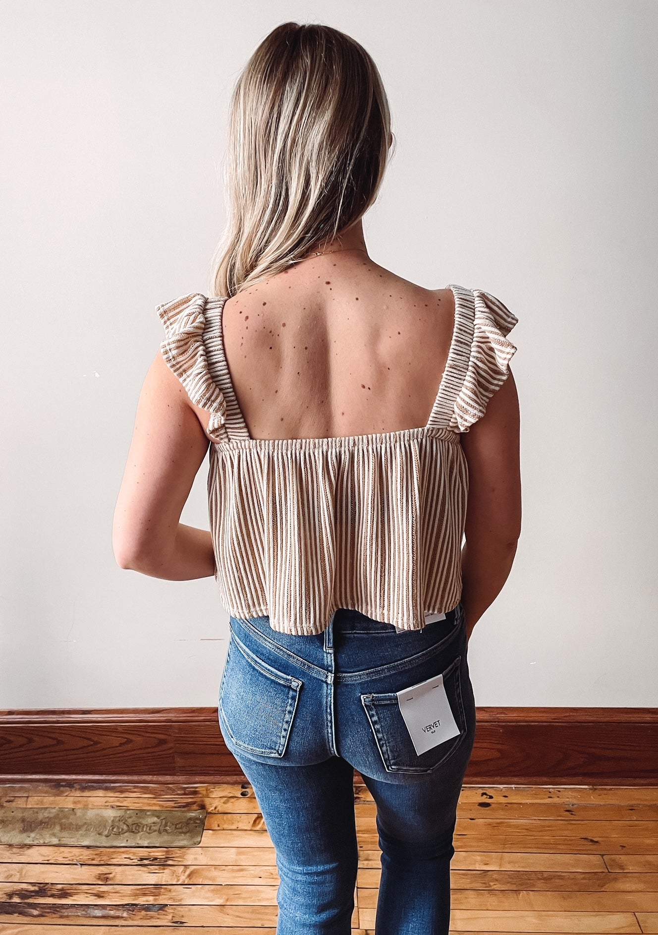 Khaki Striped Ruffle Top