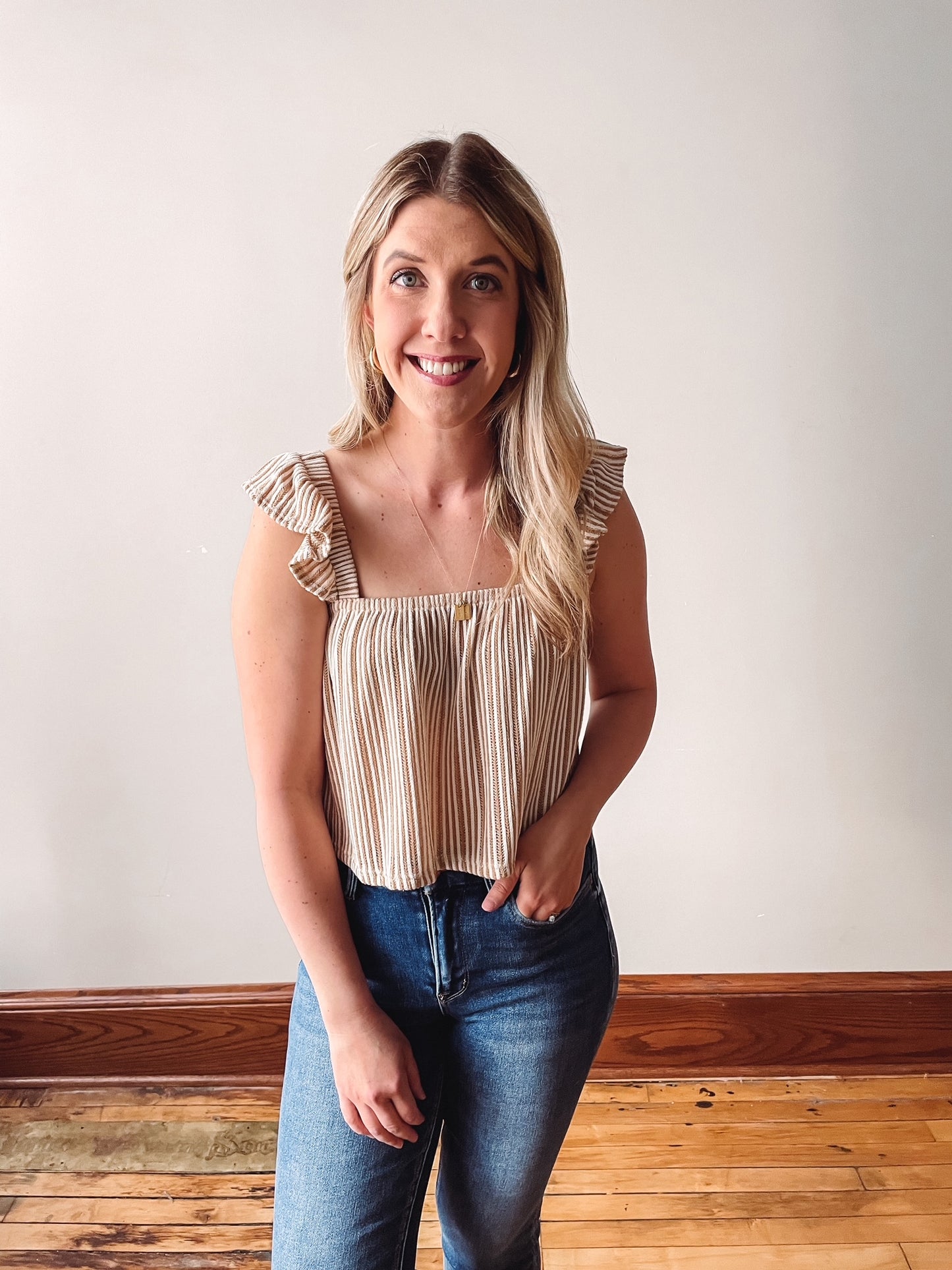 Khaki Striped Ruffle Top