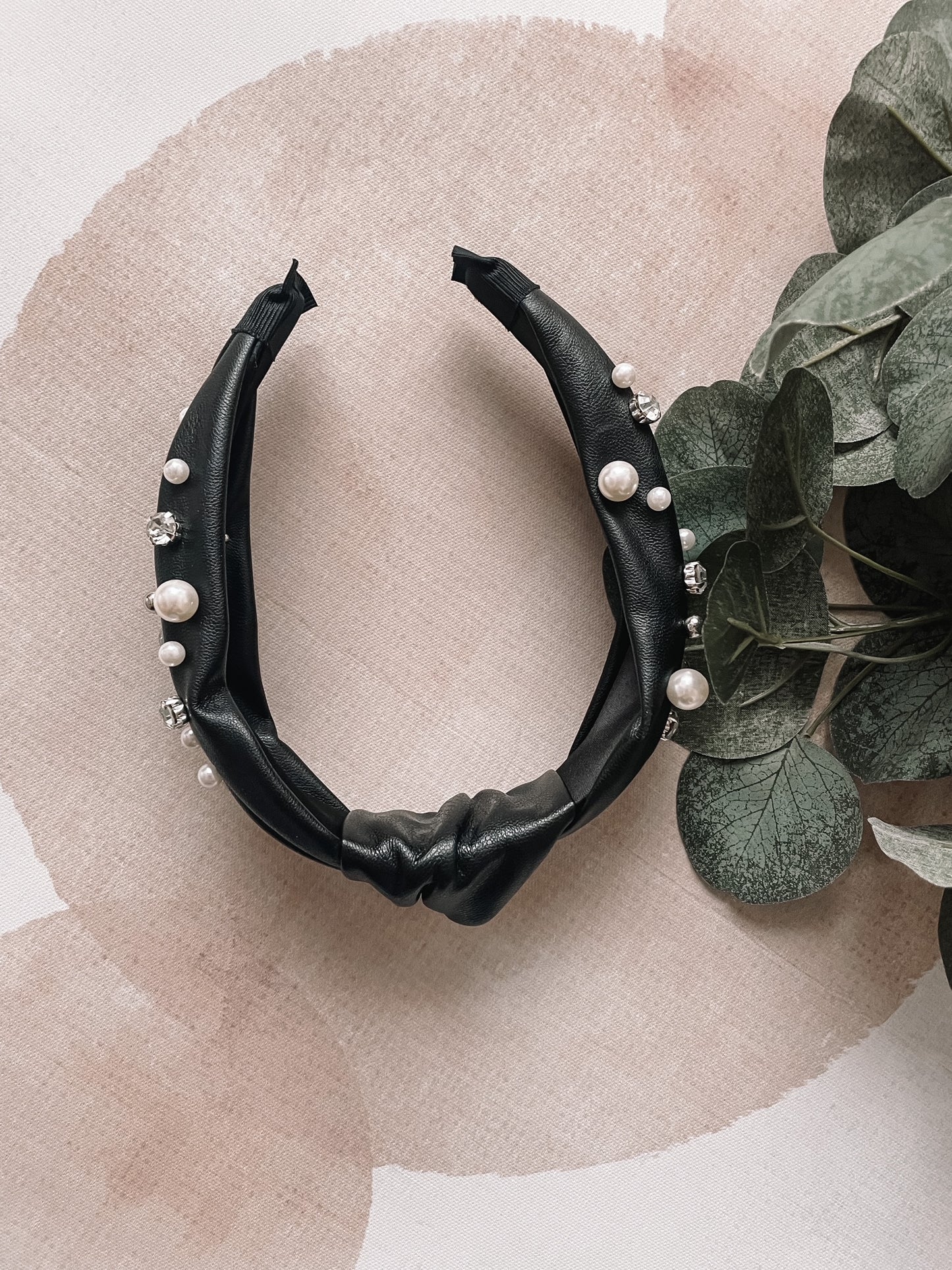 Black Leather Pearl Headband