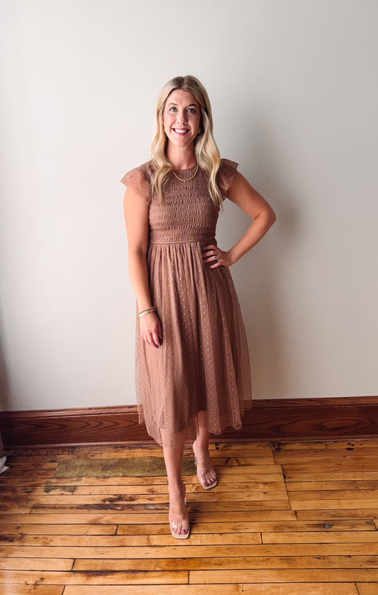 Ava Mocha Smocked Midi Dress