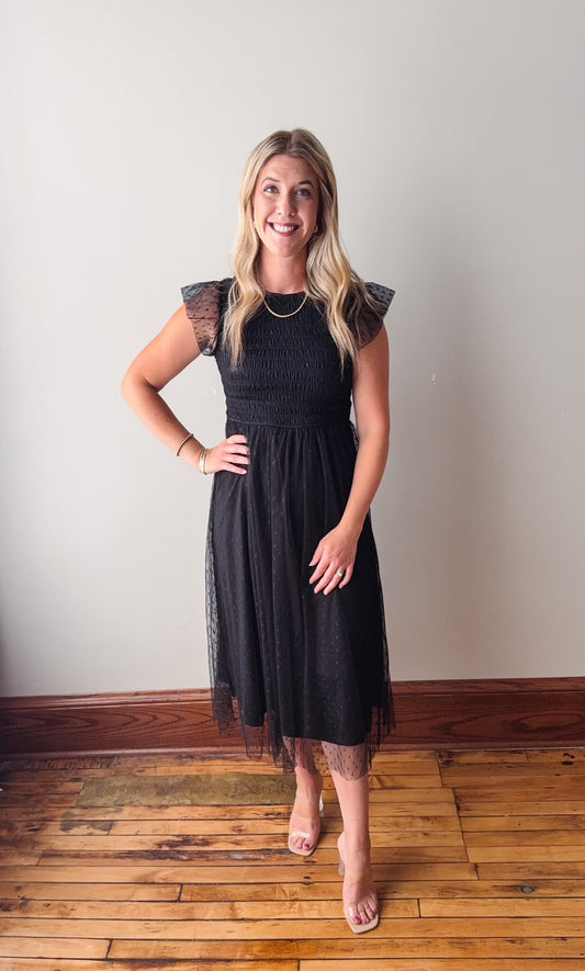 Ava Black Smocked Midi Dress