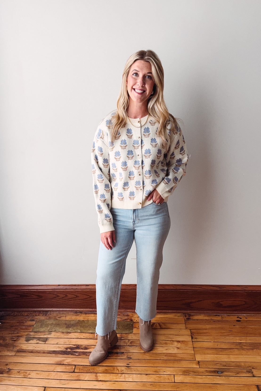 Megan Cream + Blue Floral Cardigan