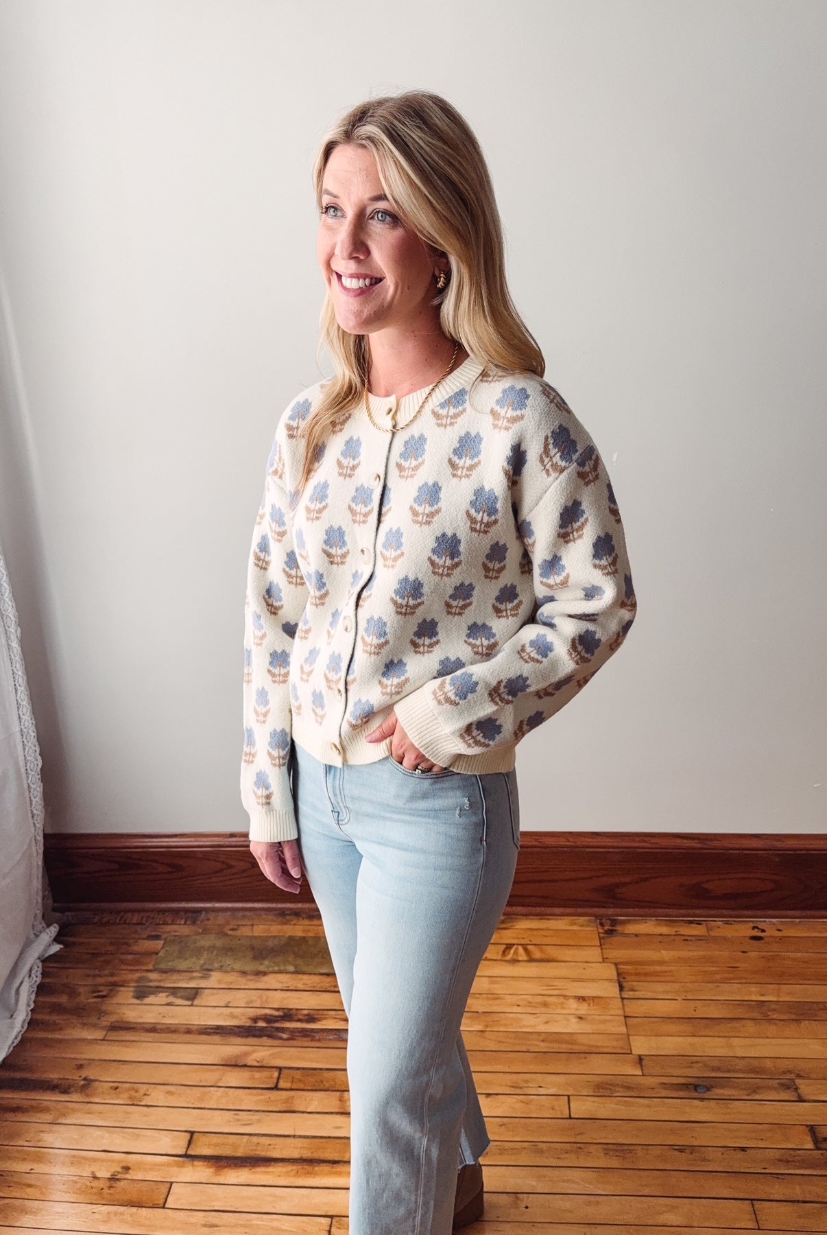 Megan Cream + Blue Floral Cardigan