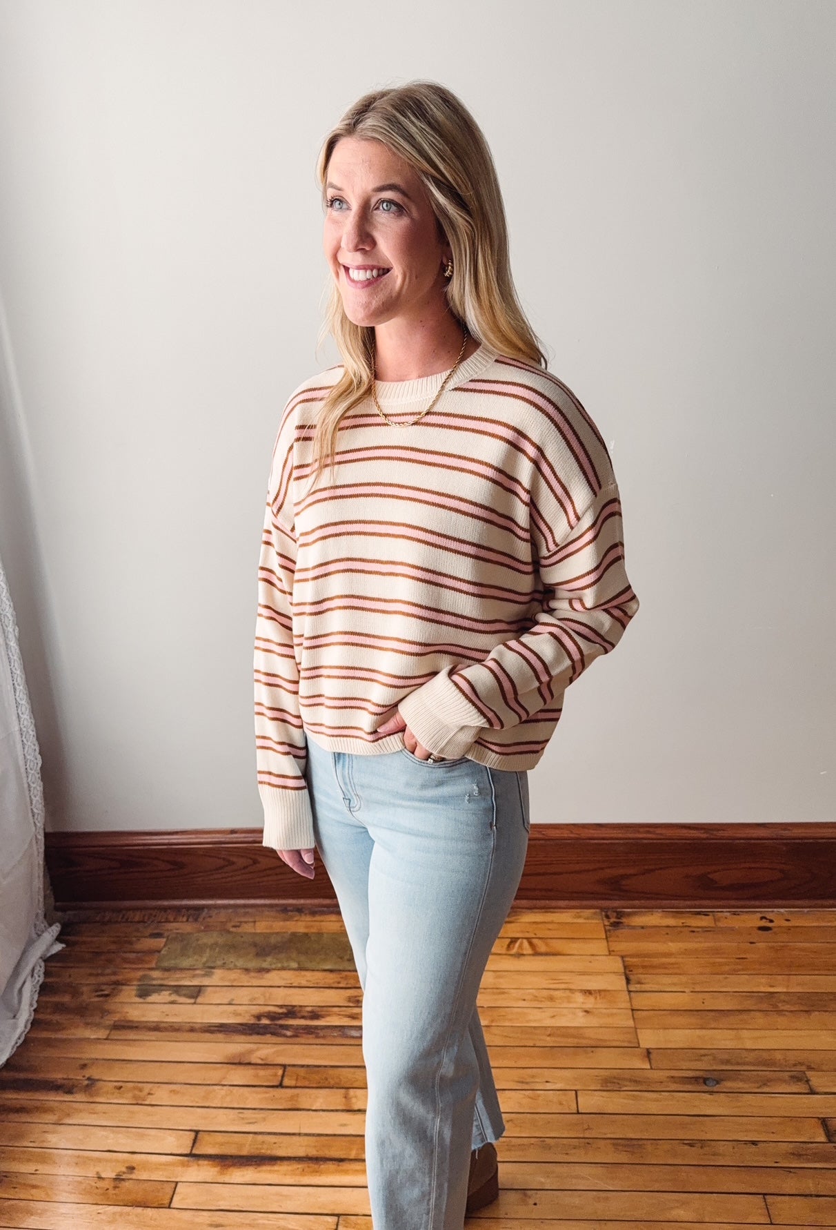 Camel + Pink Striped Sweater