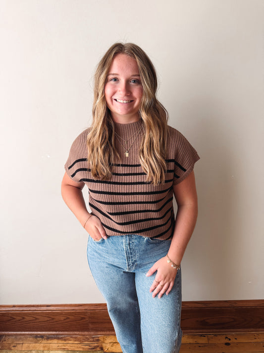 Striped Mock Neck Short Sleeve - Mocha