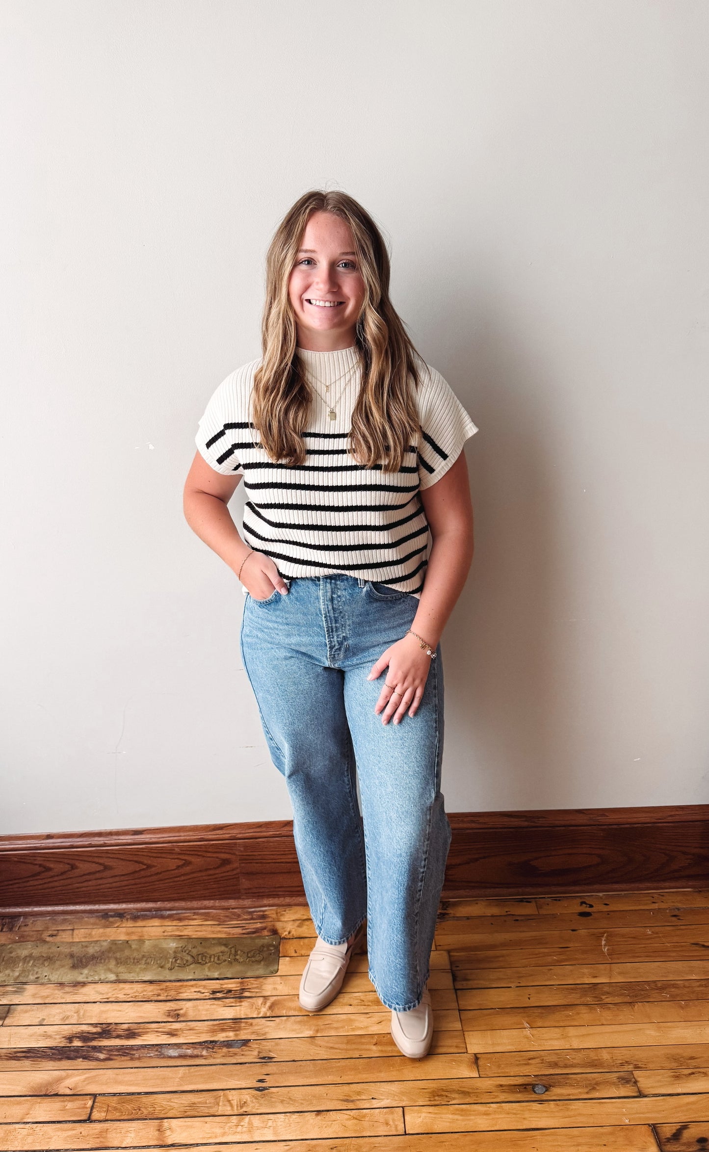 Striped Mock Neck Short Sleeve - Ivory