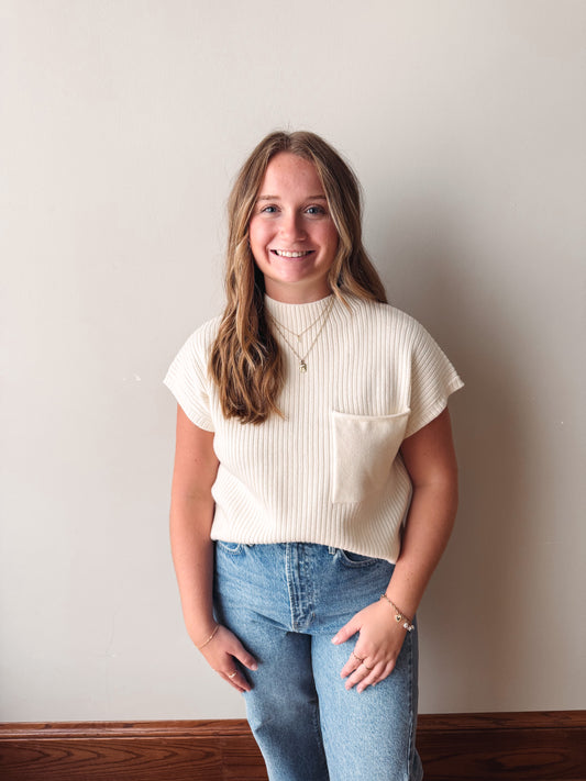 Short Sleeve Mock Neck Pocket Sweater - Cream