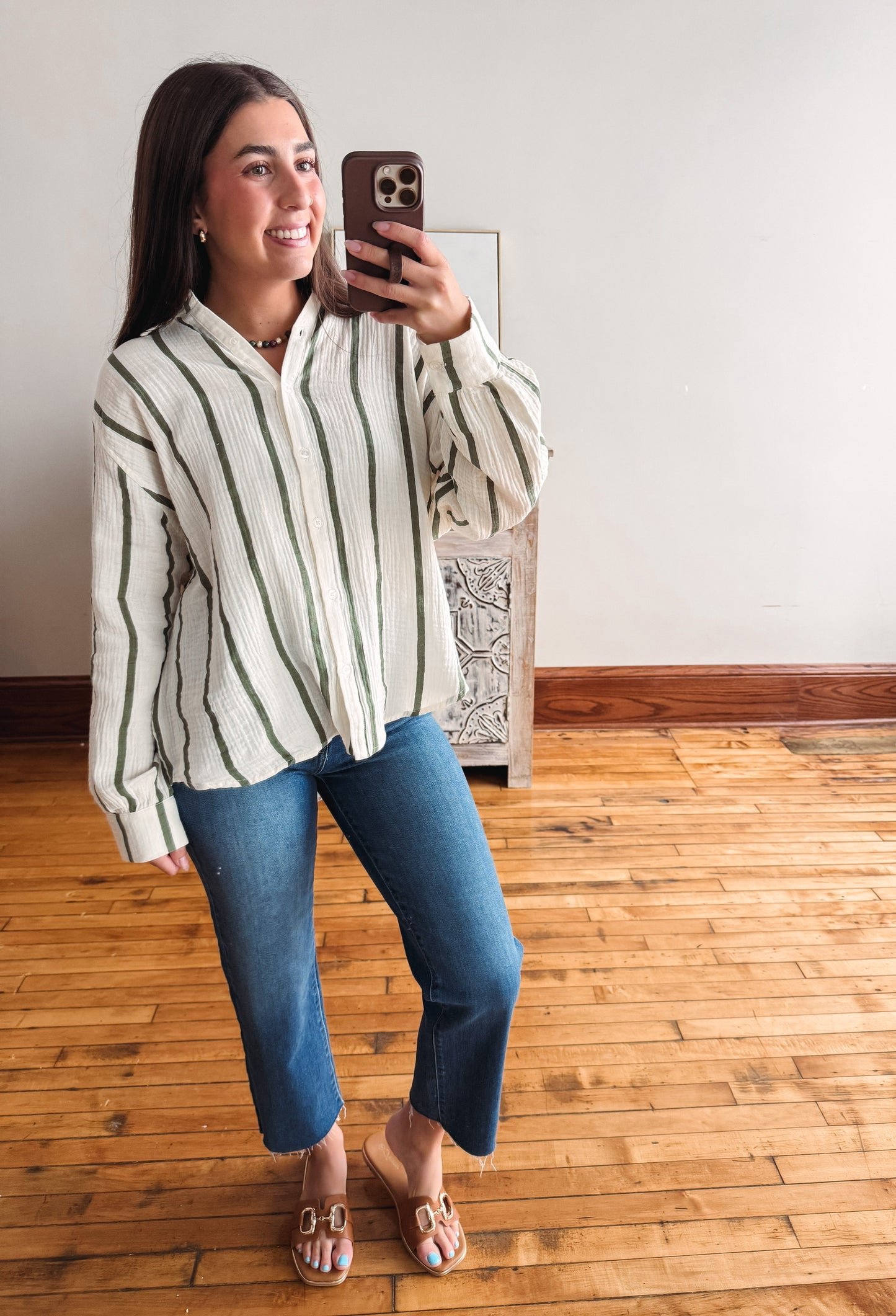 Oversized Striped Button Up - Olive