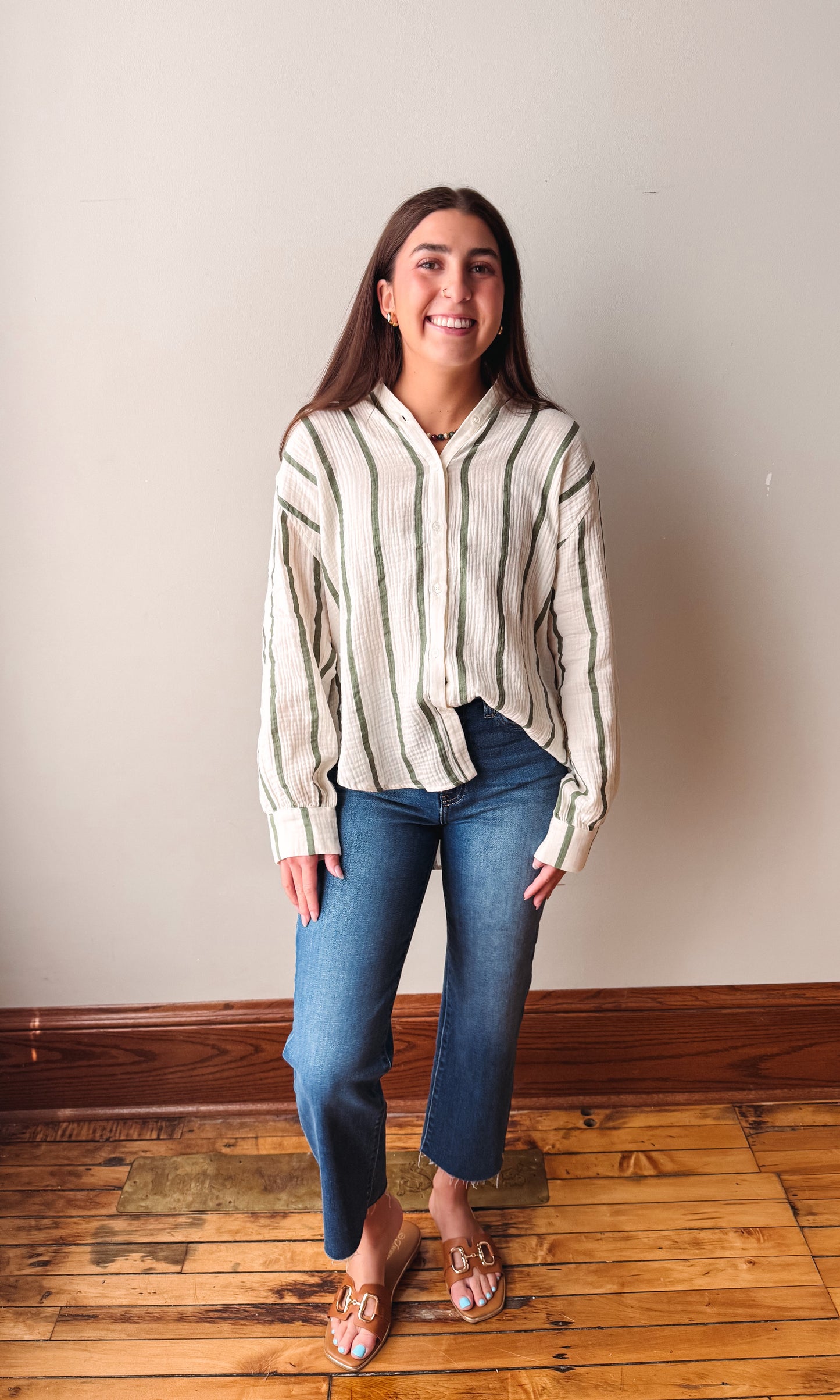 Oversized Striped Button Up - Olive