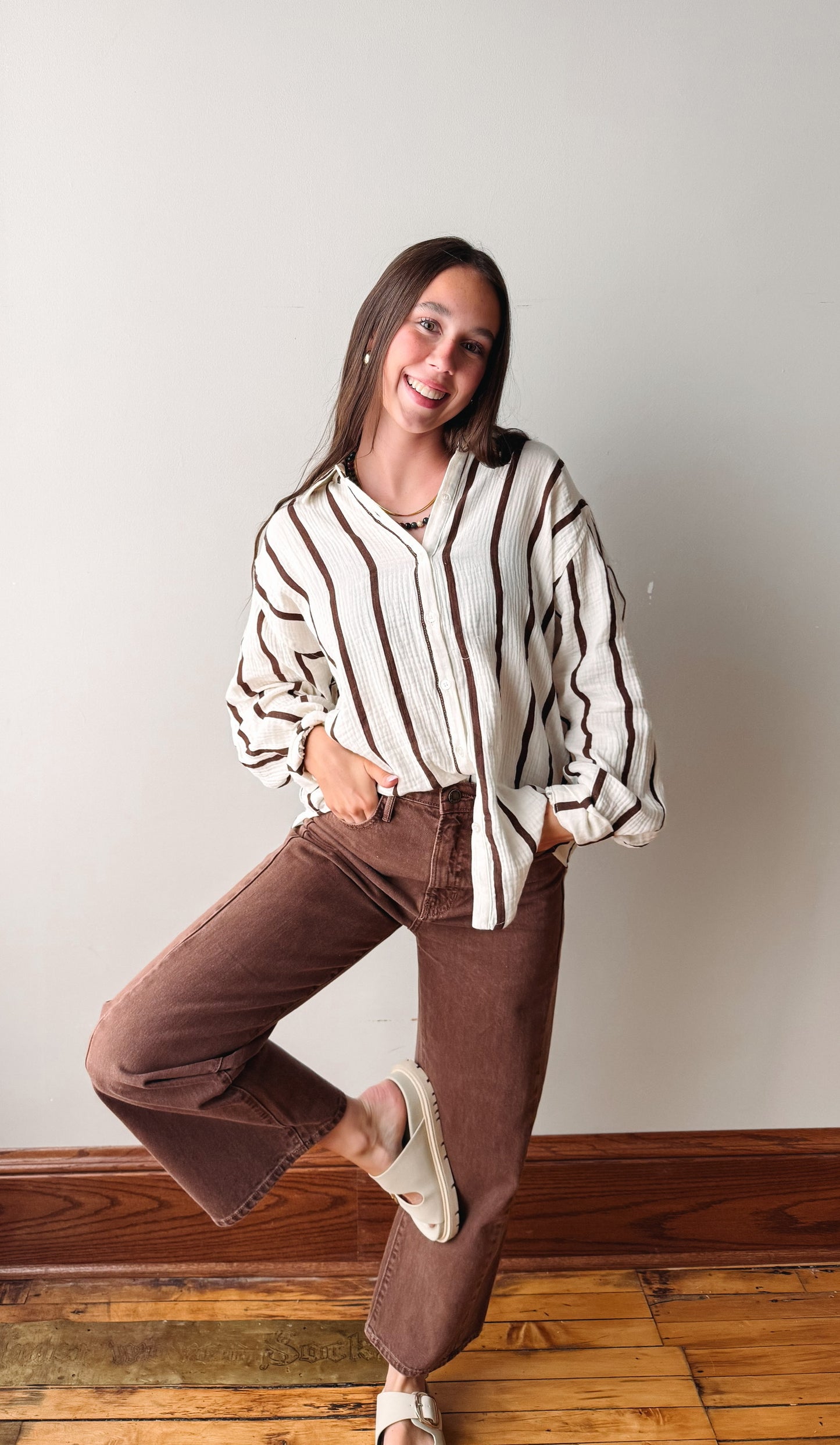 Oversized Striped Button Up - Brown