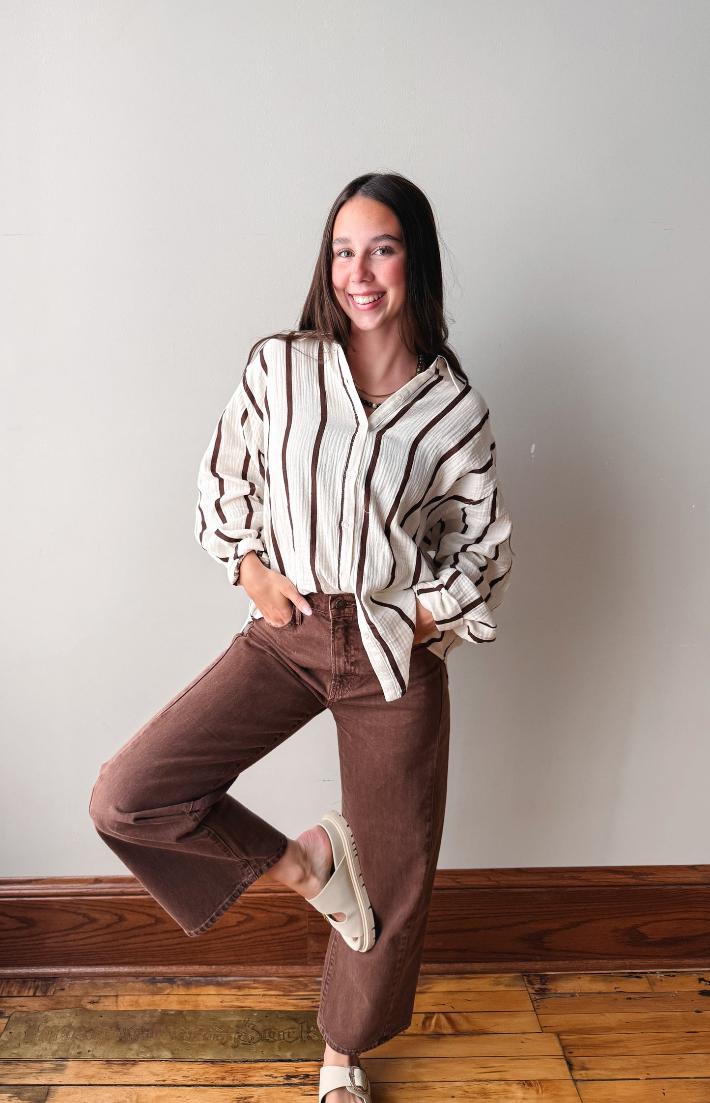 Oversized Striped Button Up - Brown