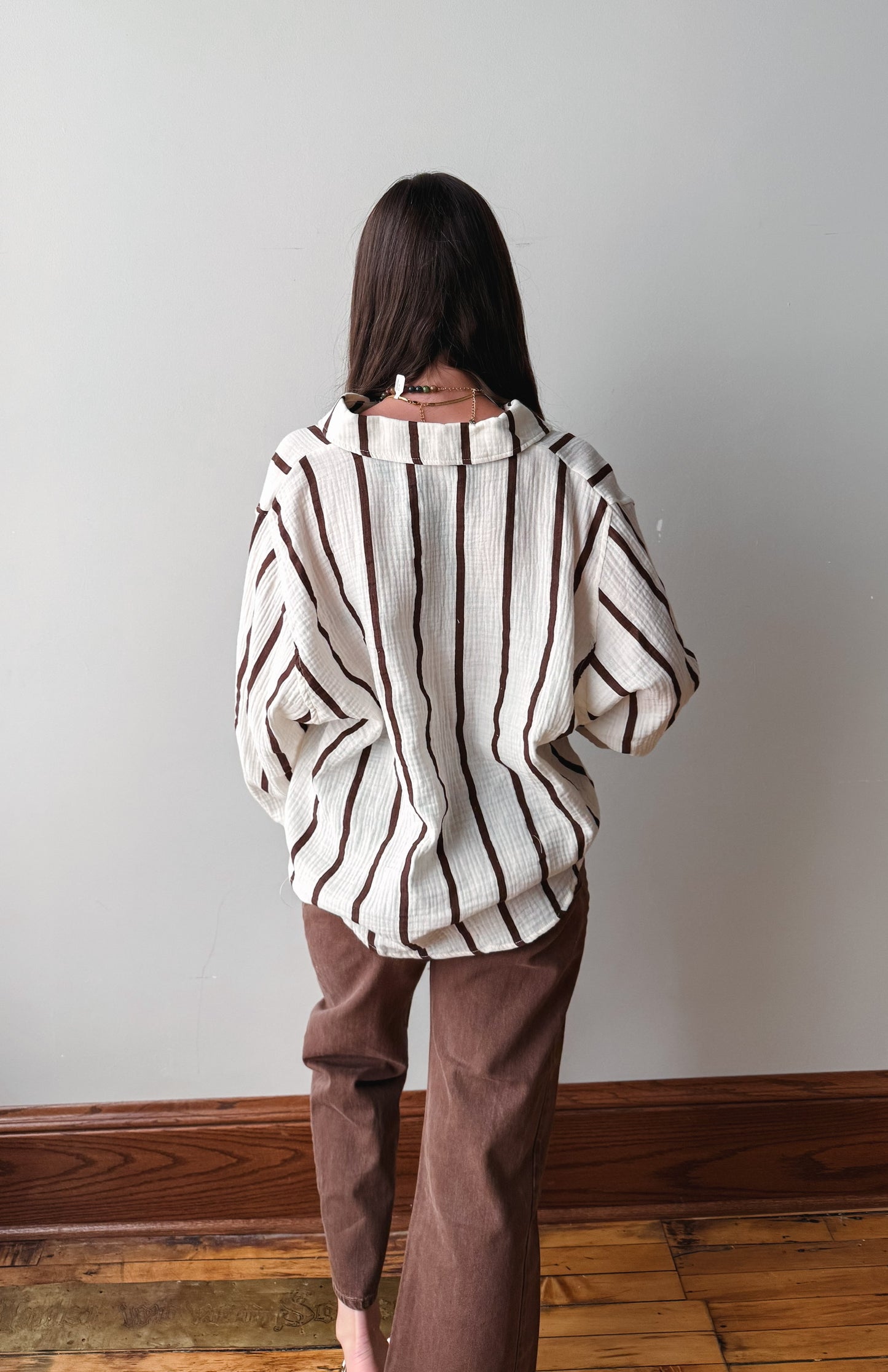 Oversized Striped Button Up - Brown