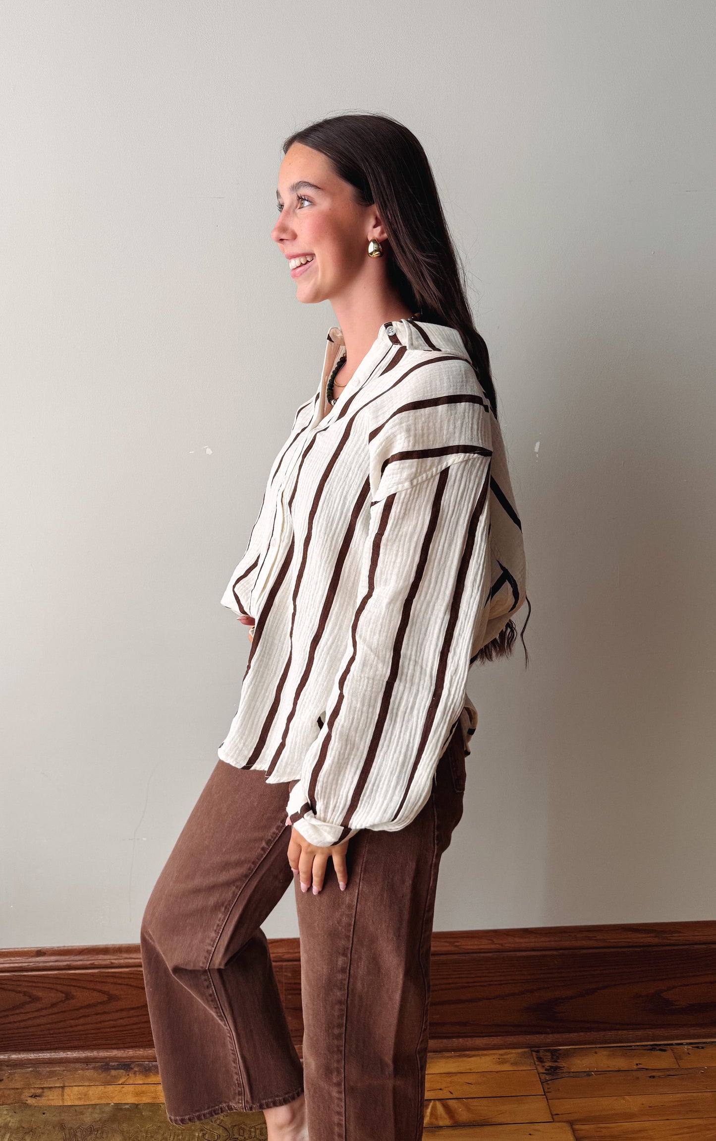 Oversized Striped Button Up - Brown