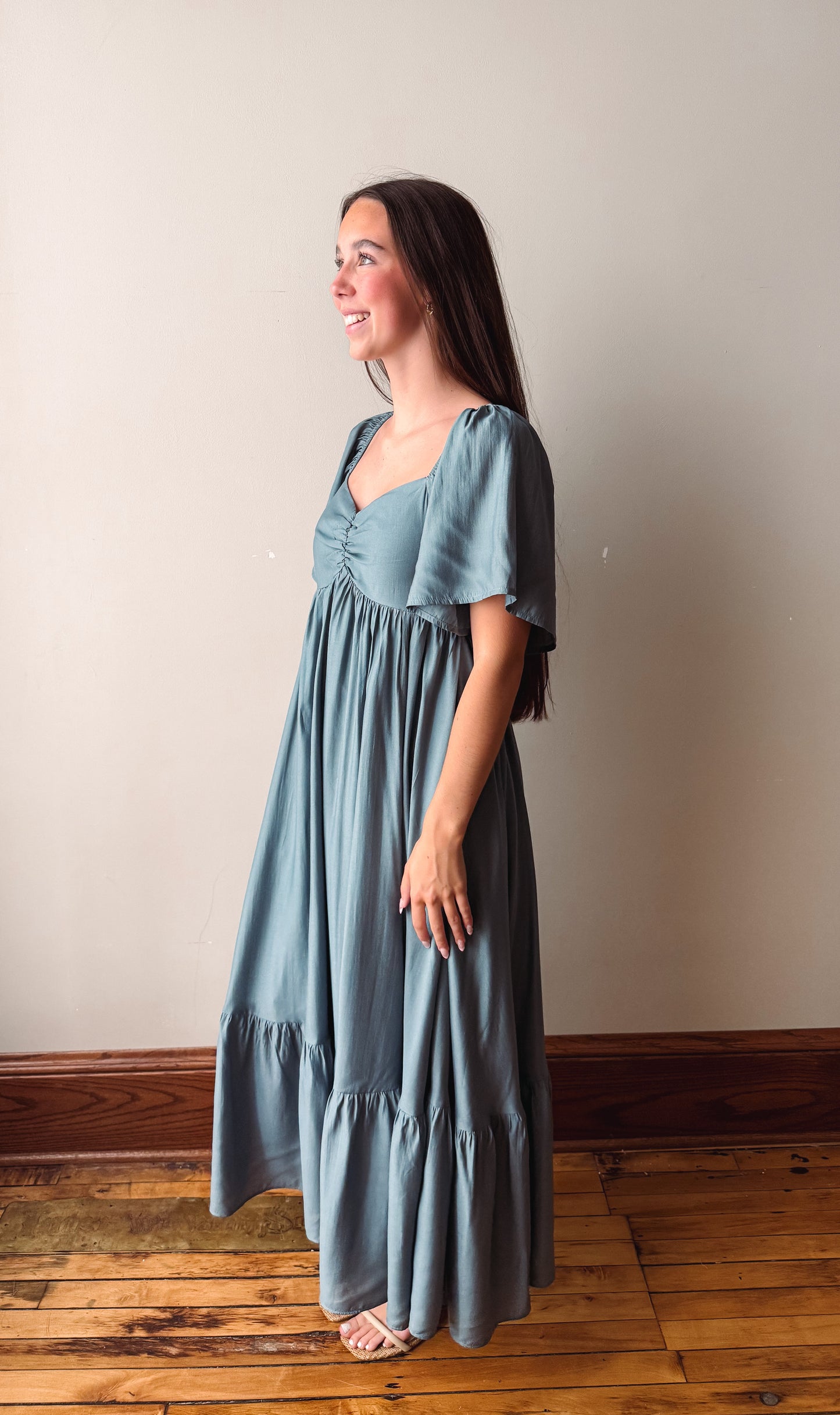 Dusk Blue Smocked Midi Dress