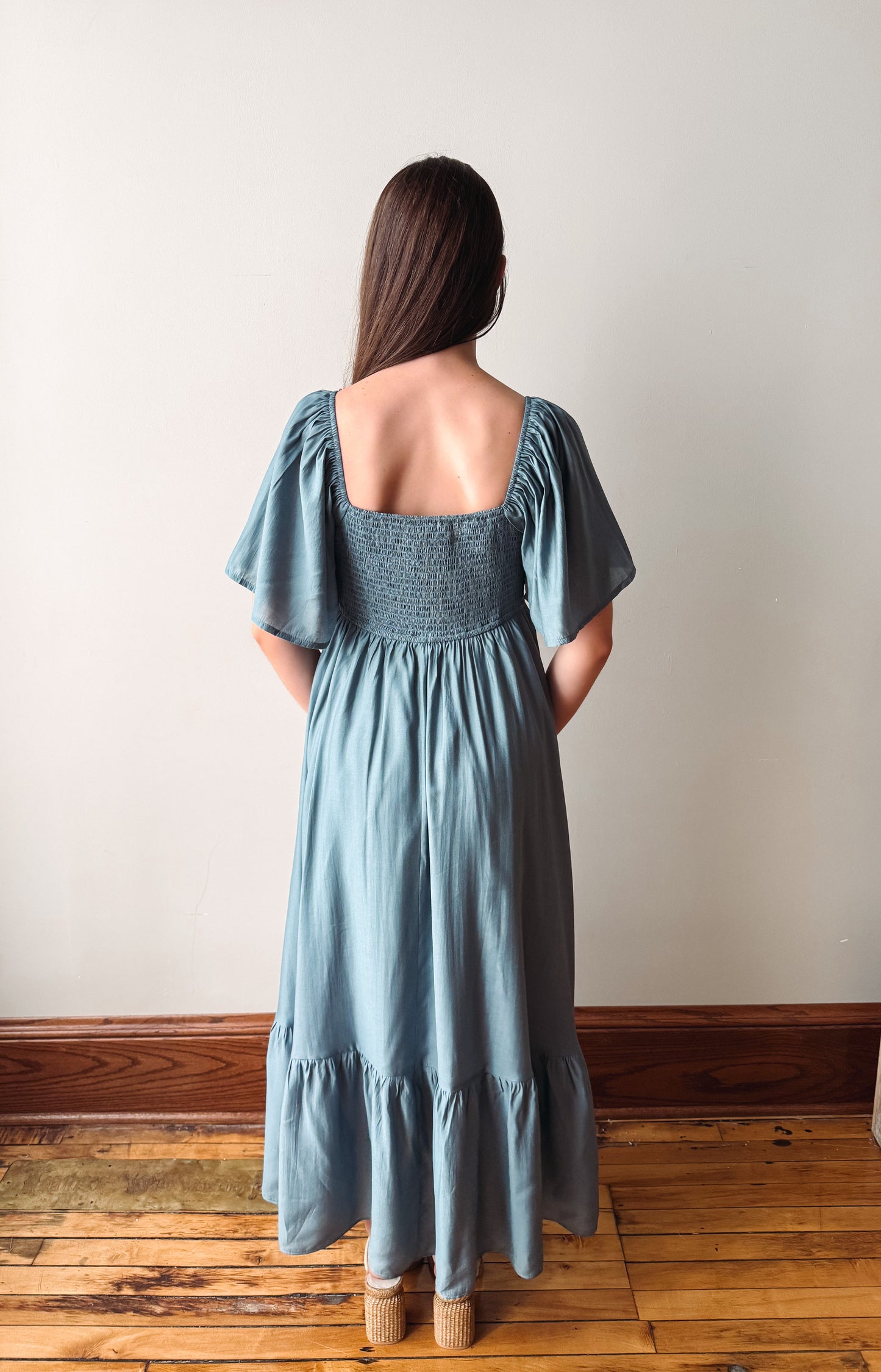 Dusk Blue Smocked Midi Dress