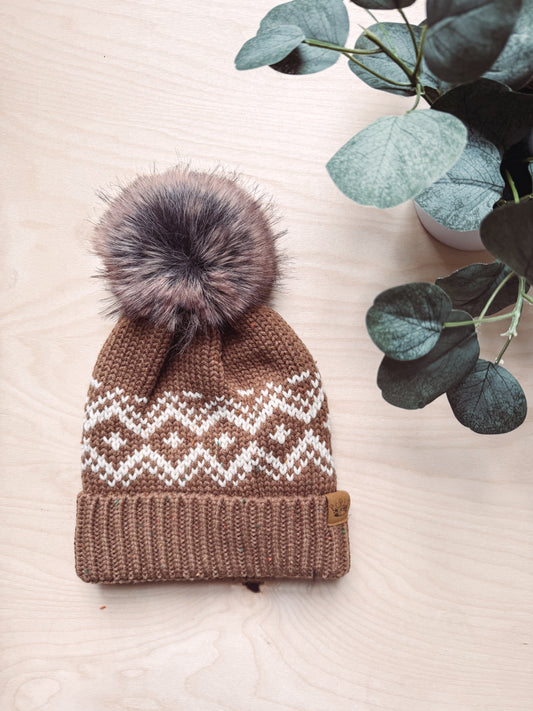 Brown + Speckled Patterned Pom Hat