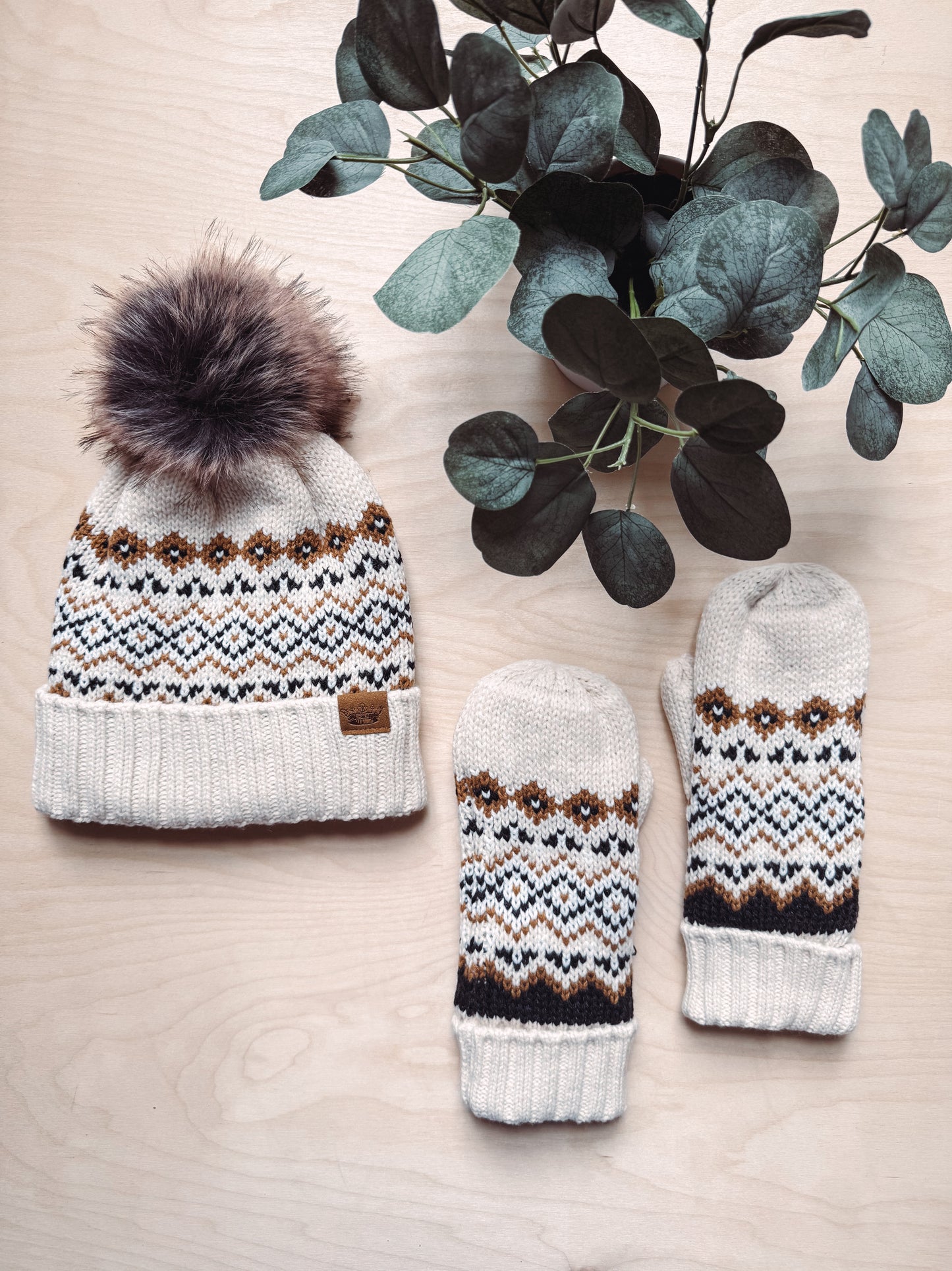 Cream, Black + Camel Patterned Mittens