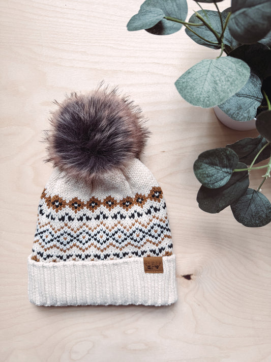 Cream, Black + Camel Patterned Pom Hat
