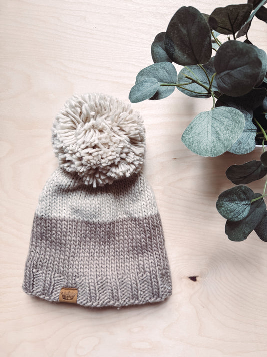 Beige + Taupe Color Block Pom Hat