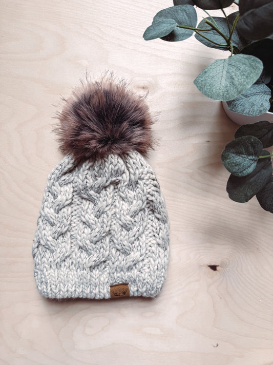 Beige Cable Knit Pom Hat