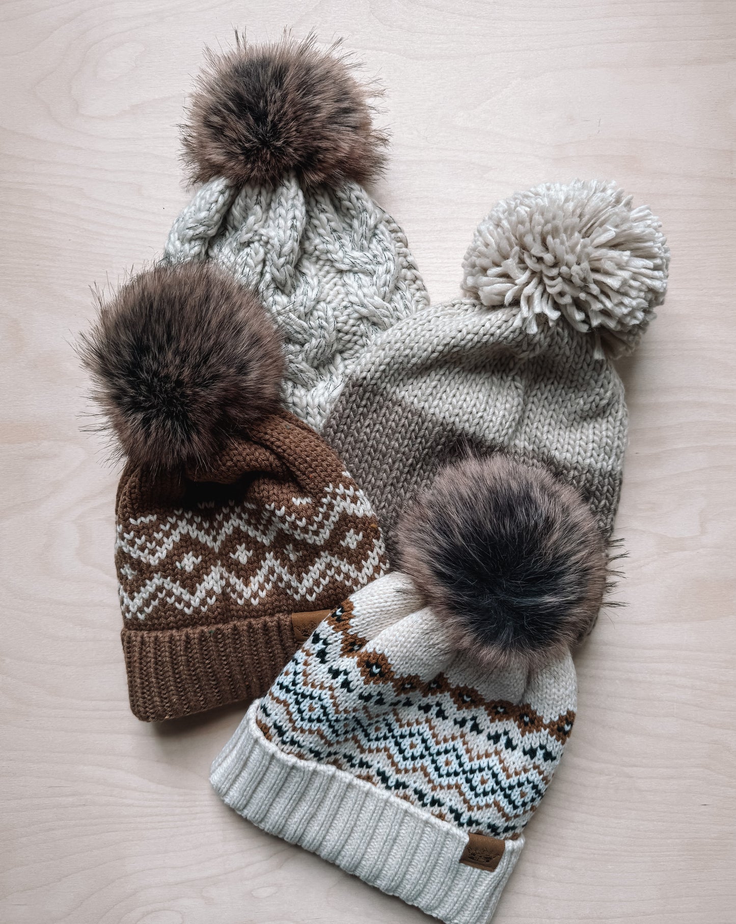 Cream, Black + Camel Patterned Pom Hat