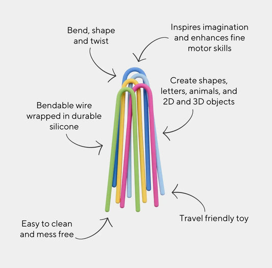 Colorful bendable wire toy with text describing its features on a white background