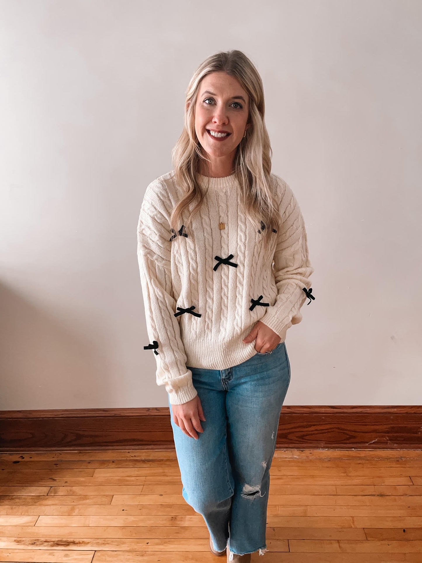 Ivory Cable Knit Bow Sweater