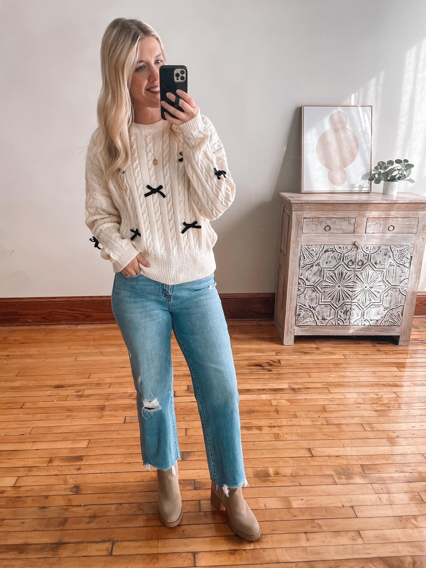 Ivory Cable Knit Bow Sweater