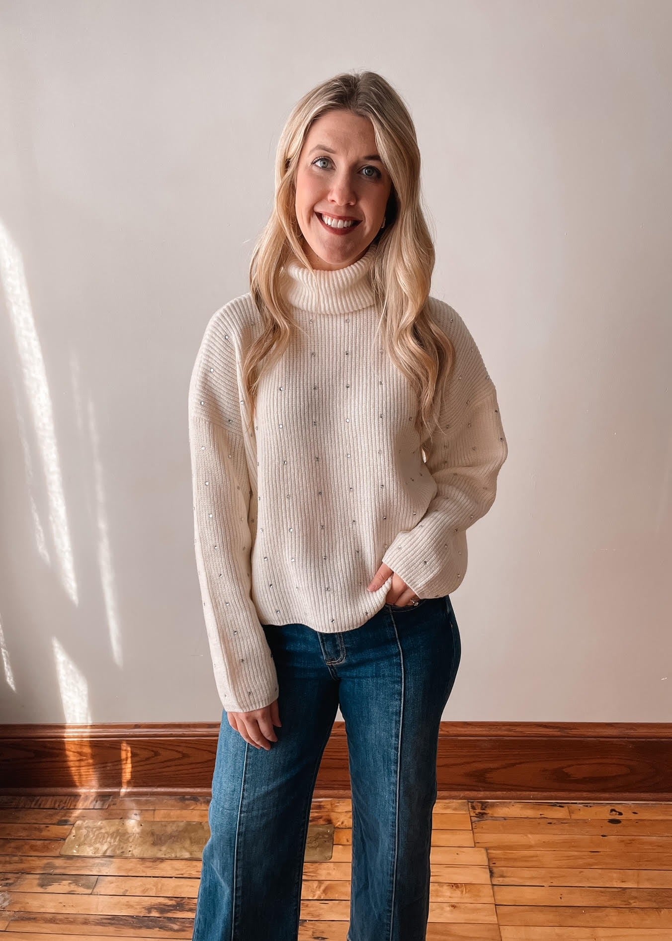 Ivory Rhinestone Turtleneck Sweater