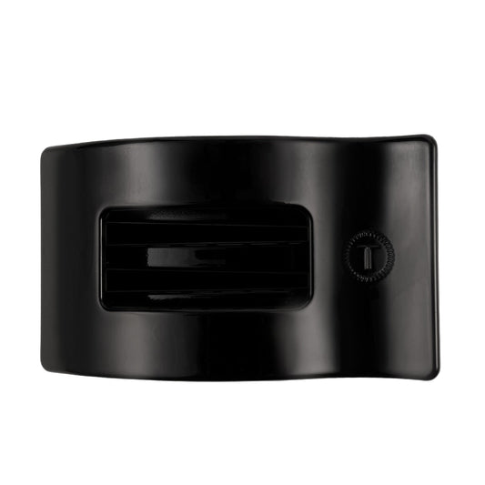 Black hair clip with a brand logo on a white background